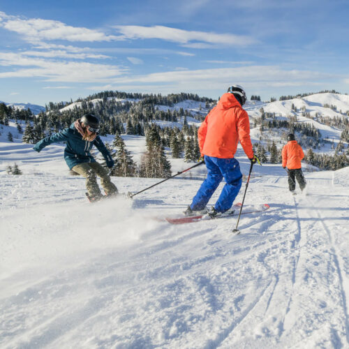 Skieurs et snowboardeuse en hiver