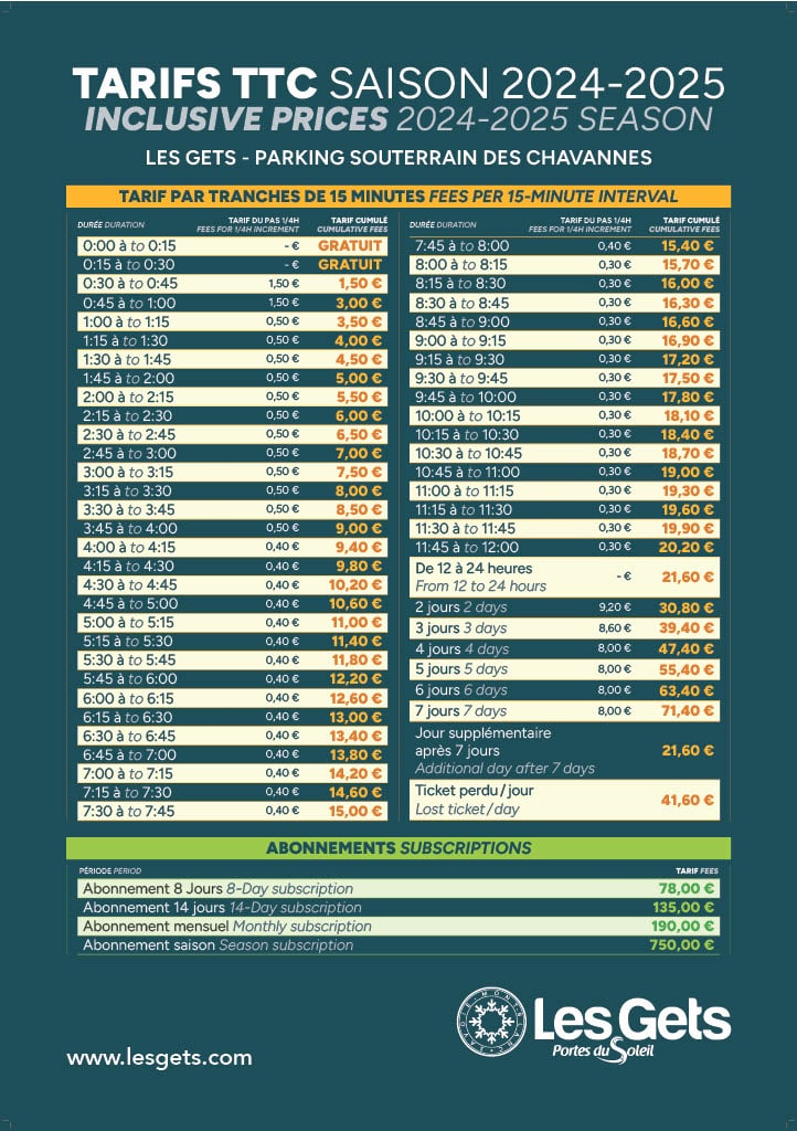 Tarifs Parking Souterrain des Chavannes H24-25